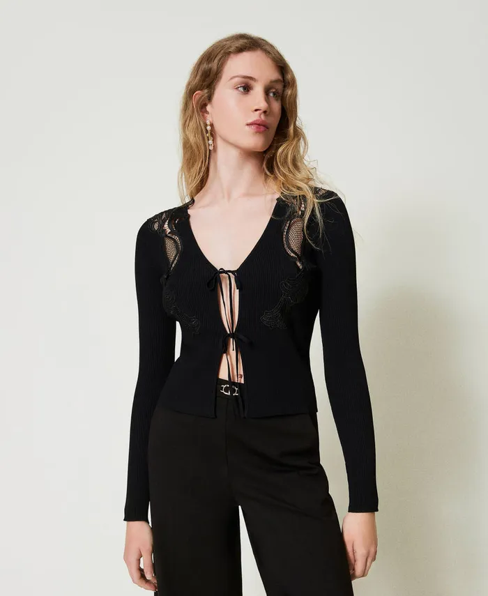 Twinset Cardigan With Laces And Lace Black Women Jumpers And Cardigans