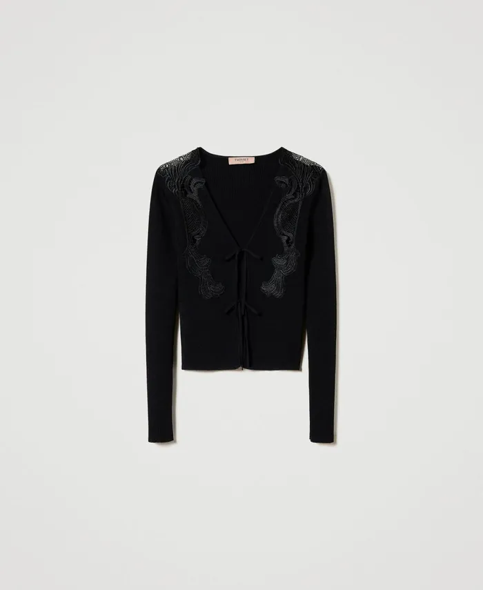Twinset Cardigan With Laces And Lace Black Women Jumpers And Cardigans Twinset Cardigan With Laces And Lace Black Women Jumpers And Cardigans