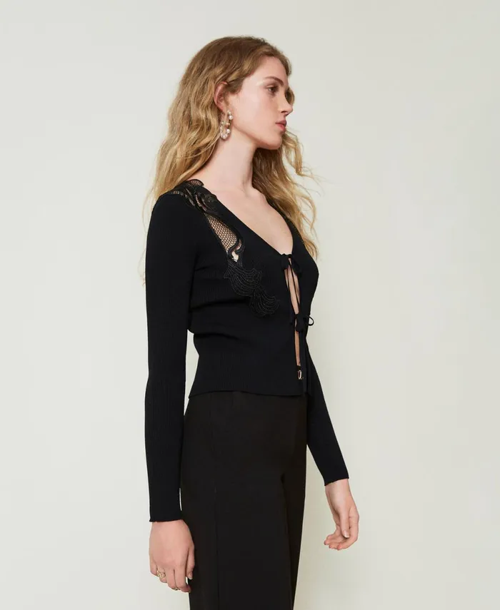 Twinset Cardigan With Laces And Lace Black Women Jumpers And Cardigans Twinset Cardigan With Laces And Lace Black Women Jumpers And Cardigans