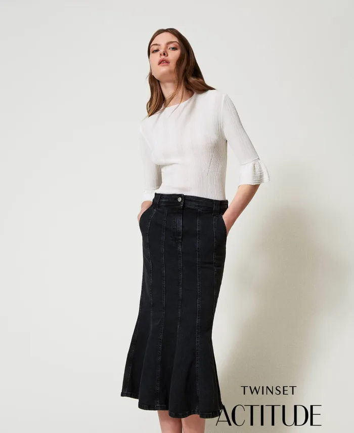 Twinset Denim Skirt With Pleats Black Denim Women Skirts