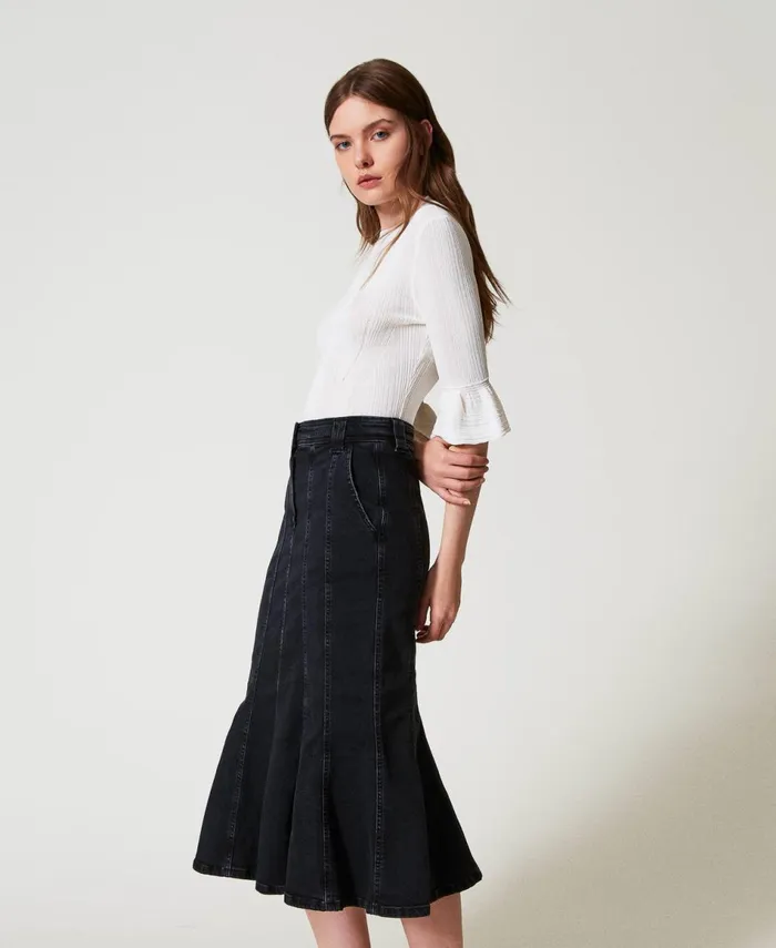 Twinset Denim Skirt With Pleats Black Denim Women Skirts Twinset Denim Skirt With Pleats Black Denim Women Skirts