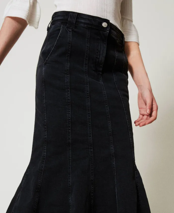 Twinset Denim Skirt With Pleats Black Denim Women Skirts Twinset Denim Skirt With Pleats Black Denim Women Skirts