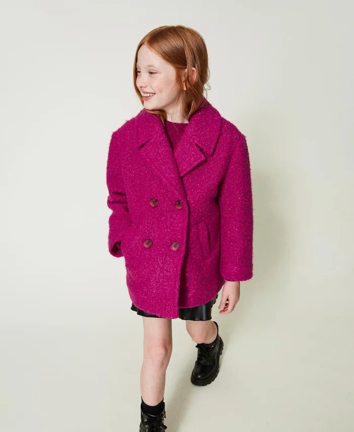 Twinset DoubleBreasted Curly Wool Cloth Coat Magenta Purple Girl Jackets And Outerwear