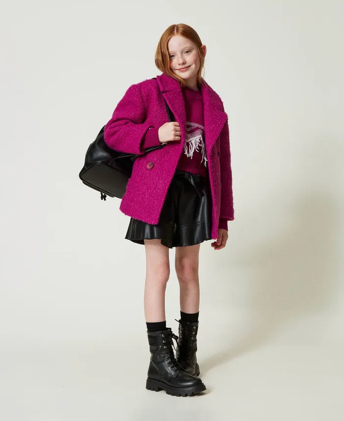 Twinset DoubleBreasted Curly Wool Cloth Coat Magenta Purple Girl Jackets And Outerwear Twinset DoubleBreasted Curly Wool Cloth Coat Magenta Purple Girl Jackets And Outerwear