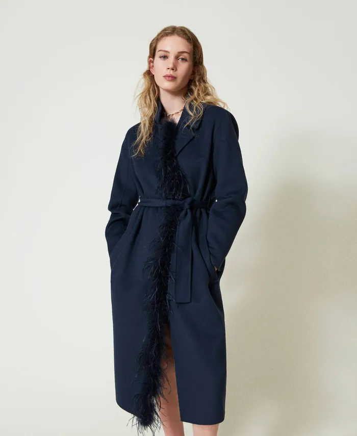 Twinset Doubled Wool Blend Cloth Coat With Feathers Indigo Women Jackets And Outerwear