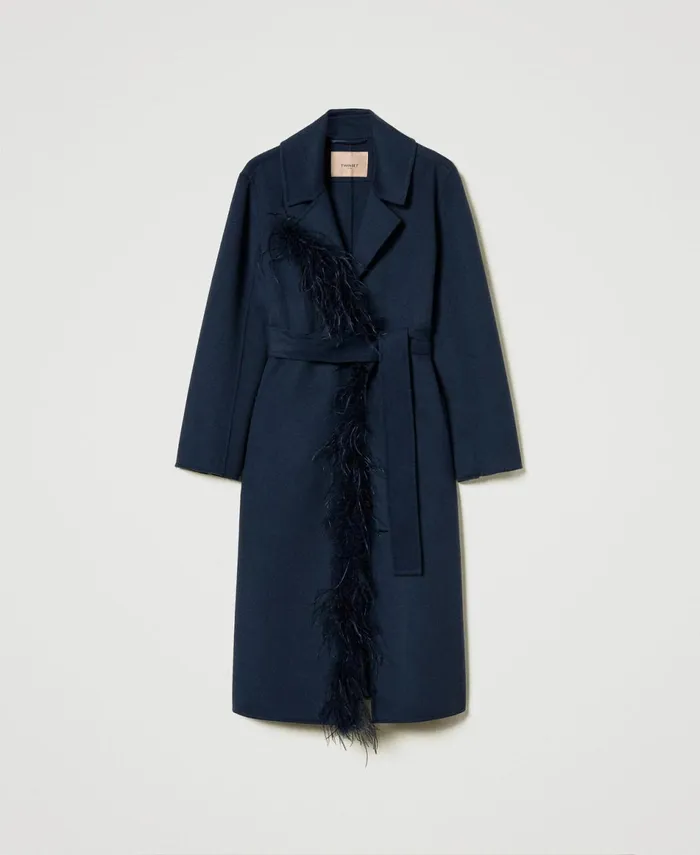 Twinset Doubled Wool Blend Cloth Coat With Feathers Indigo Women Jackets And Outerwear Twinset Doubled Wool Blend Cloth Coat With Feathers Indigo Women Jackets And Outerwear