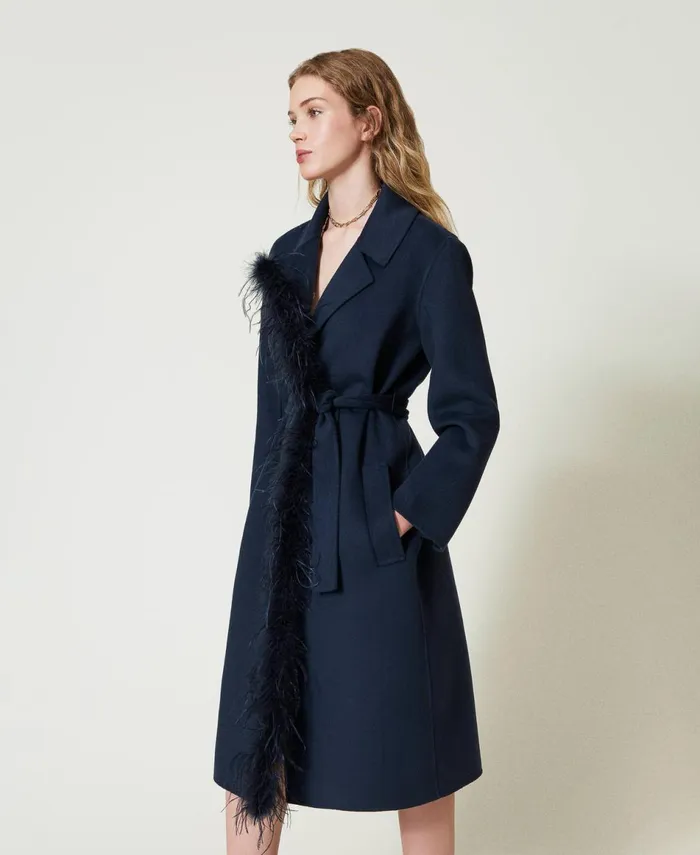 Twinset Doubled Wool Blend Cloth Coat With Feathers Indigo Women Jackets And Outerwear Twinset Doubled Wool Blend Cloth Coat With Feathers Indigo Women Jackets And Outerwear
