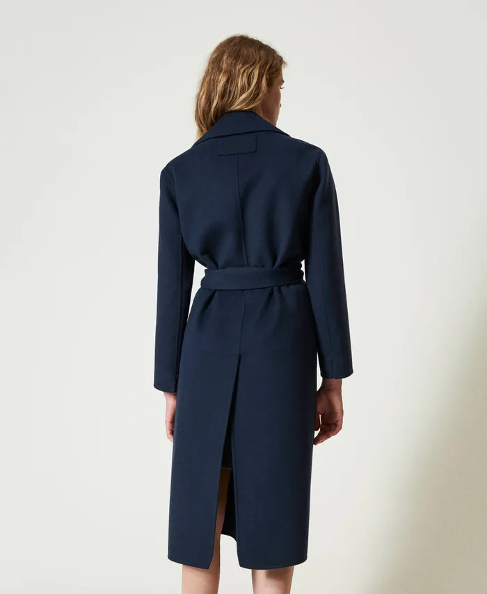 Twinset Doubled Wool Blend Cloth Coat With Feathers Indigo Women Jackets And Outerwear Twinset Doubled Wool Blend Cloth Coat With Feathers Indigo Women Jackets And Outerwear