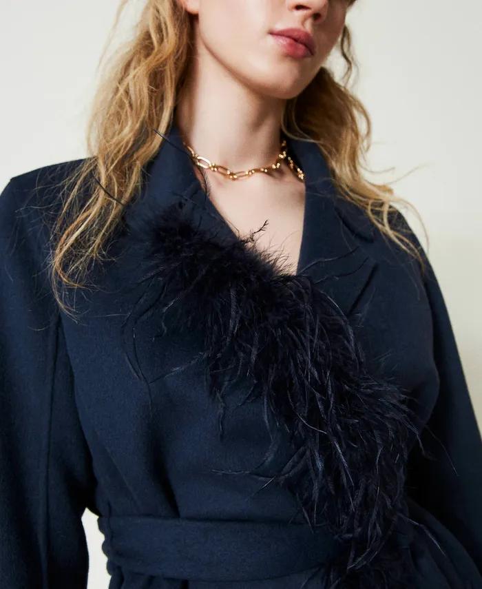 Twinset Doubled Wool Blend Cloth Coat With Feathers Indigo Women Jackets And Outerwear Twinset Doubled Wool Blend Cloth Coat With Feathers Indigo Women Jackets And Outerwear