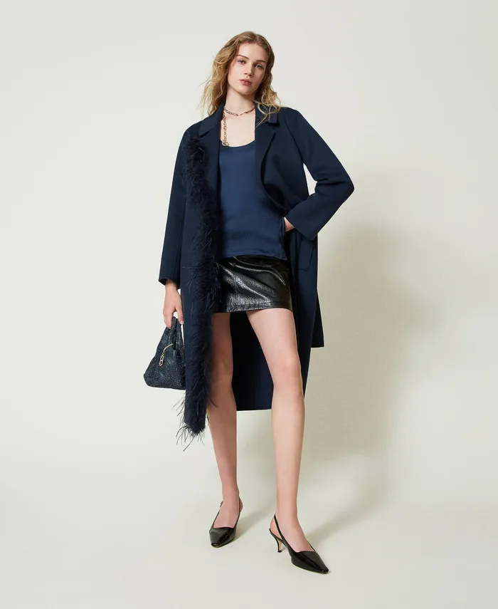 Twinset Doubled Wool Blend Cloth Coat With Feathers Indigo Women Jackets And Outerwear Twinset Doubled Wool Blend Cloth Coat With Feathers Indigo Women Jackets And Outerwear