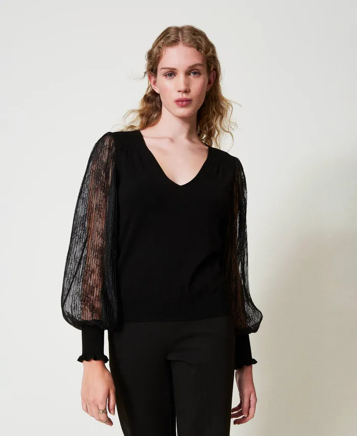 Twinset DualUse Jumper With Lace Sleeves Black Women Jumpers And Cardigans