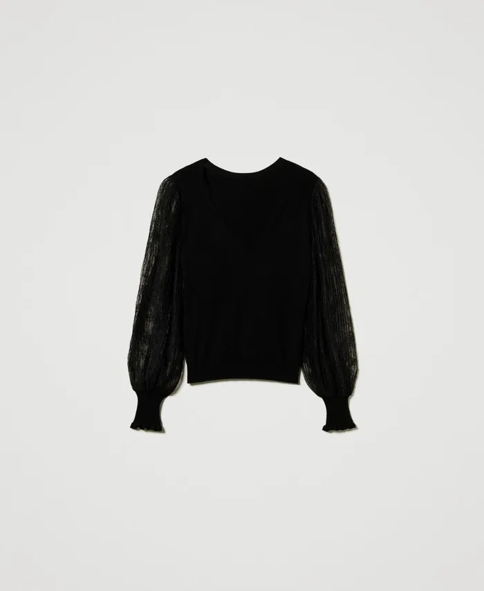 Twinset DualUse Jumper With Lace Sleeves Black Women Jumpers And Cardigans Twinset DualUse Jumper With Lace Sleeves Black Women Jumpers And Cardigans