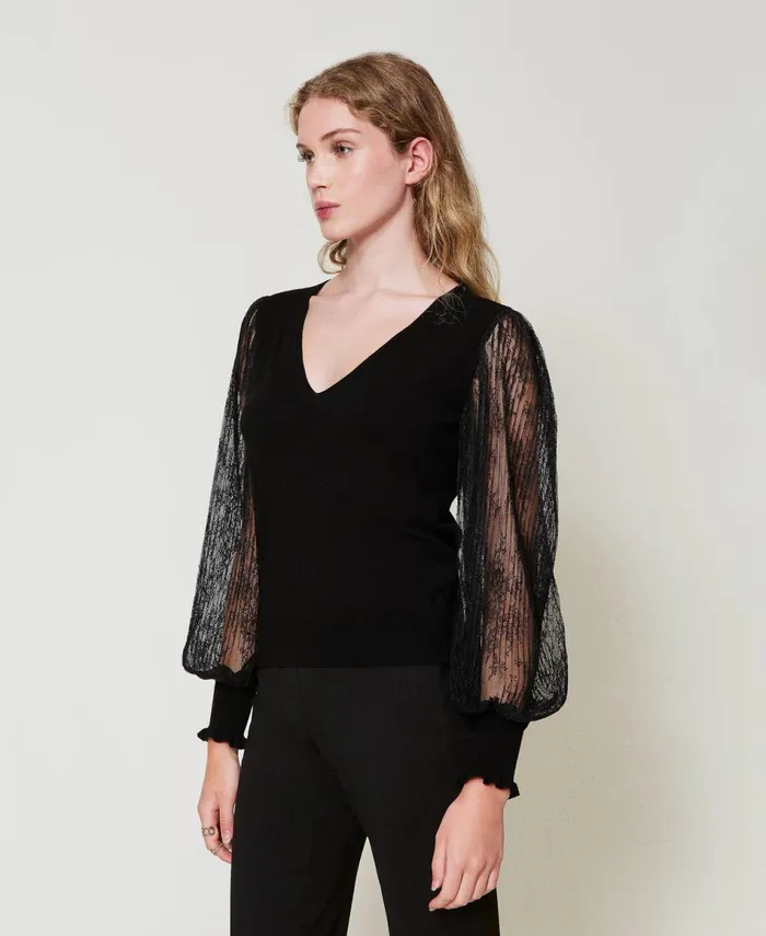 Twinset DualUse Jumper With Lace Sleeves Black Women Jumpers And Cardigans Twinset DualUse Jumper With Lace Sleeves Black Women Jumpers And Cardigans