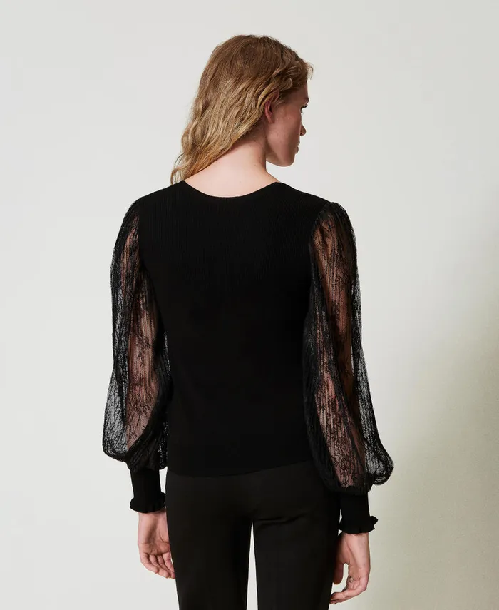 Twinset DualUse Jumper With Lace Sleeves Black Women Jumpers And Cardigans Twinset DualUse Jumper With Lace Sleeves Black Women Jumpers And Cardigans