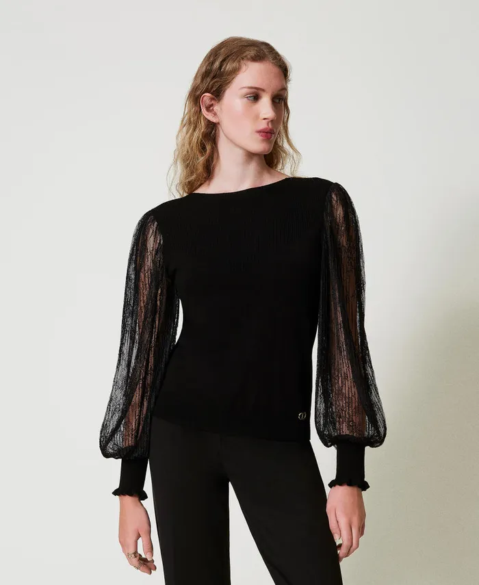 Twinset DualUse Jumper With Lace Sleeves Black Women Jumpers And Cardigans Twinset DualUse Jumper With Lace Sleeves Black Women Jumpers And Cardigans