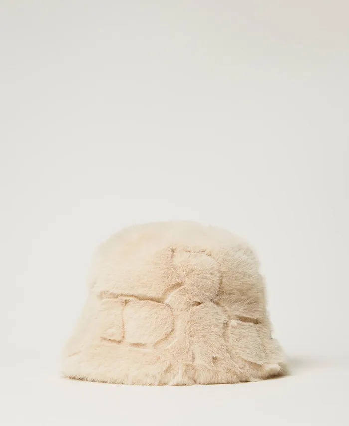 Twinset Faux Fur Bucket Hat With Logo White Cream Women Hats