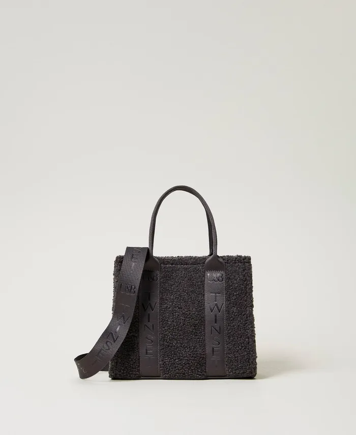 Twinset Faux Fur Shopper Bag Blackened Pearl Grey Women Shopping Bags