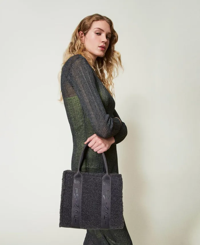 Twinset Faux Fur Shopper Bag Blackened Pearl Grey Women Shopping Bags Twinset Faux Fur Shopper Bag Blackened Pearl Grey Women Shopping Bags
