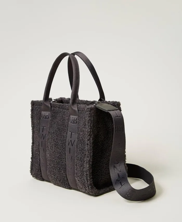 Twinset Faux Fur Shopper Bag Blackened Pearl Grey Women Shopping Bags Twinset Faux Fur Shopper Bag Blackened Pearl Grey Women Shopping Bags
