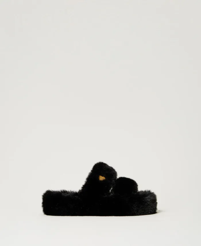 Twinset Faux Fur Slides Black Women Flat Shoes