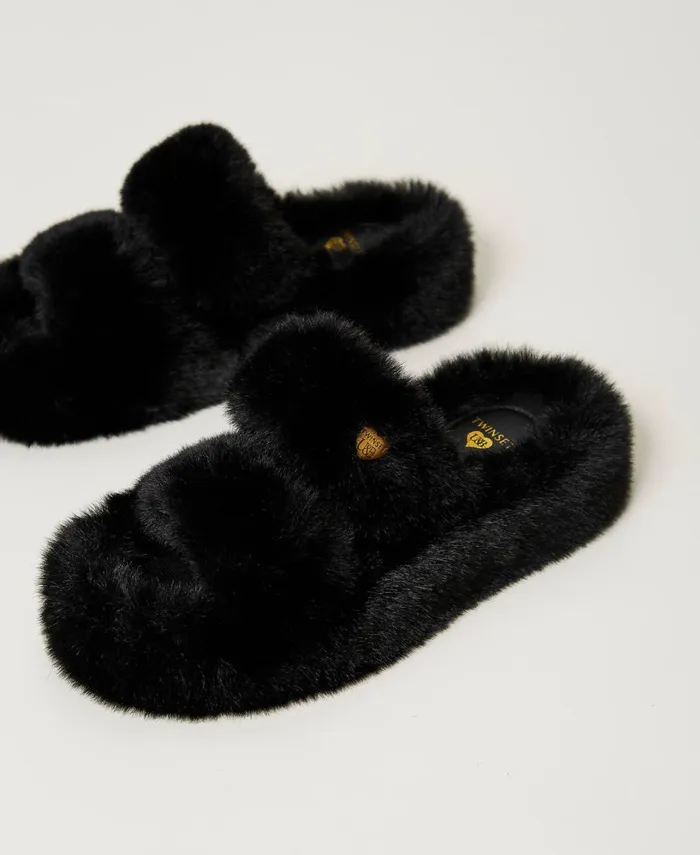 Twinset Faux Fur Slides Black Women Flat Shoes Twinset Faux Fur Slides Black Women Flat Shoes