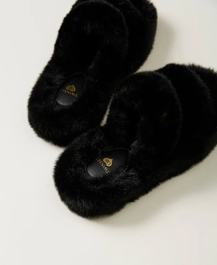 Twinset Faux Fur Slides Black Women Flat Shoes Twinset Faux Fur Slides Black Women Flat Shoes