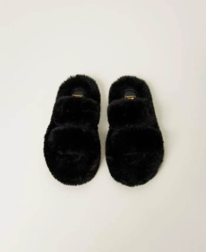 Twinset Faux Fur Slides Black Women Flat Shoes Twinset Faux Fur Slides Black Women Flat Shoes