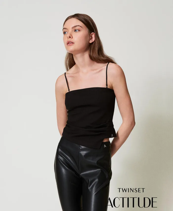 Twinset Fitted Top With Draping Black Women TShirts And Tops