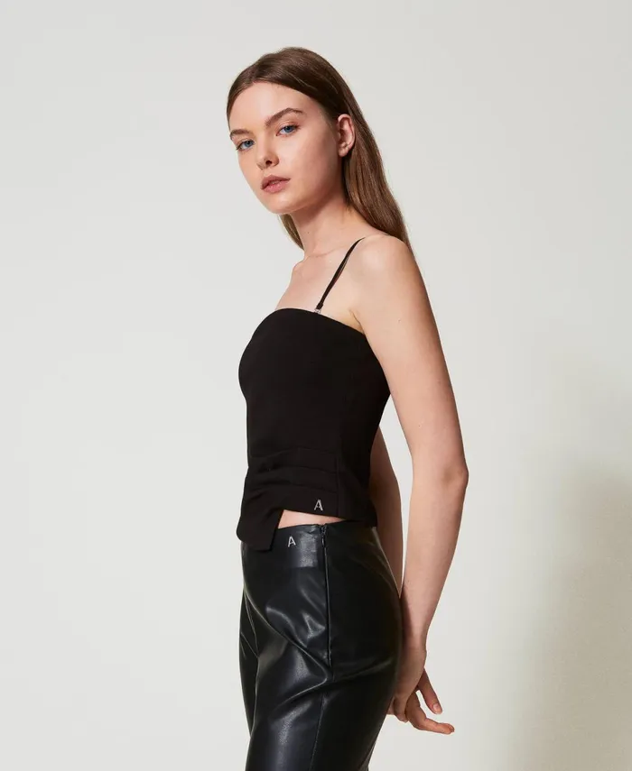 Twinset Fitted Top With Draping Black Women TShirts And Tops Twinset Fitted Top With Draping Black Women TShirts And Tops