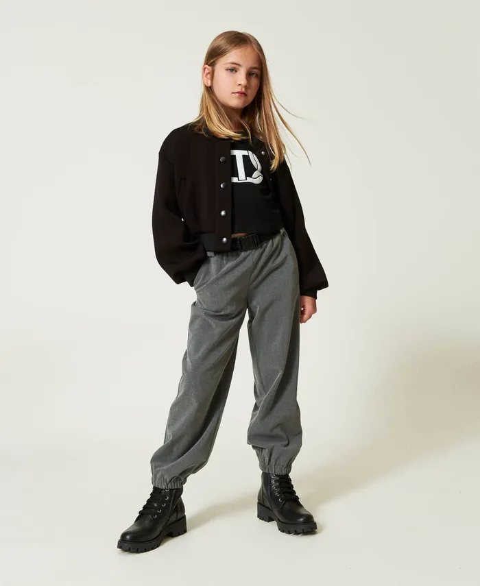 Twinset Flannel Joggers With Belt Mid Melange Grey Girl Trousers And Jeans