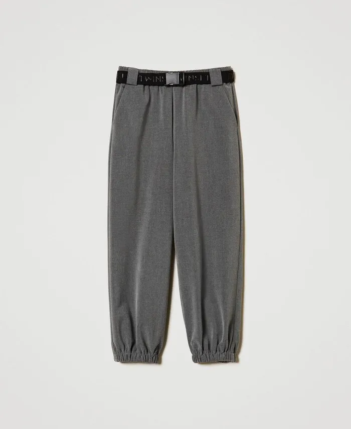 Twinset Flannel Joggers With Belt Mid Melange Grey Girl Trousers And Jeans Twinset Flannel Joggers With Belt Mid Melange Grey Girl Trousers And Jeans