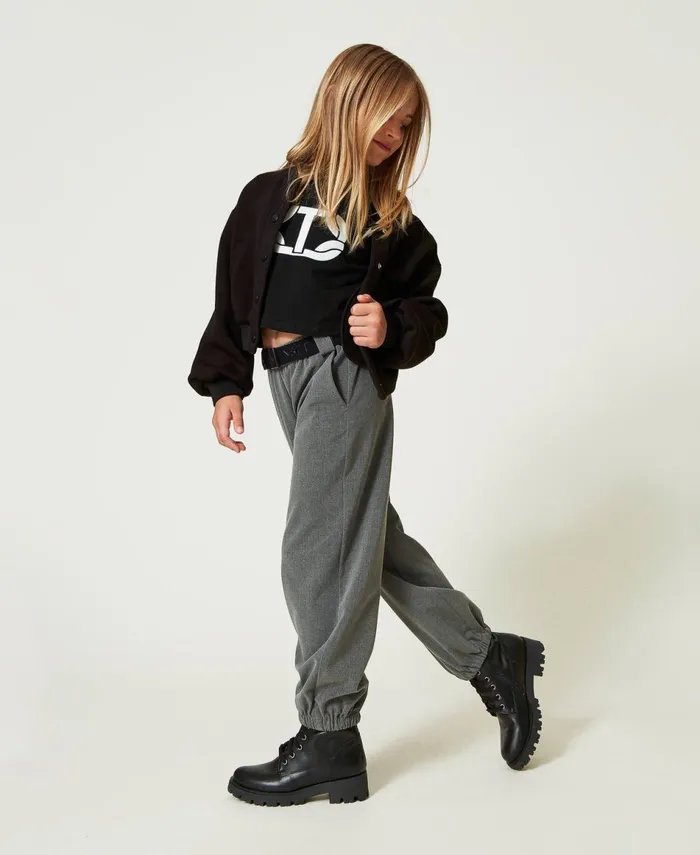 Twinset Flannel Joggers With Belt Mid Melange Grey Girl Trousers And Jeans Twinset Flannel Joggers With Belt Mid Melange Grey Girl Trousers And Jeans