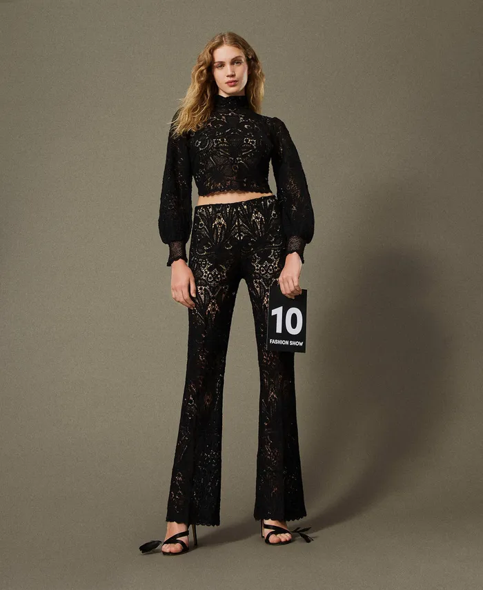 Twinset Floral Crochet Trousers Black Women Trousers