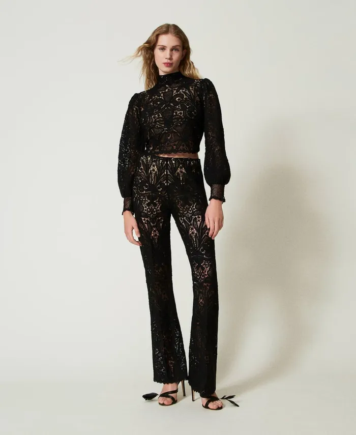 Twinset Floral Crochet Trousers Black Women Trousers Twinset Floral Crochet Trousers Black Women Trousers