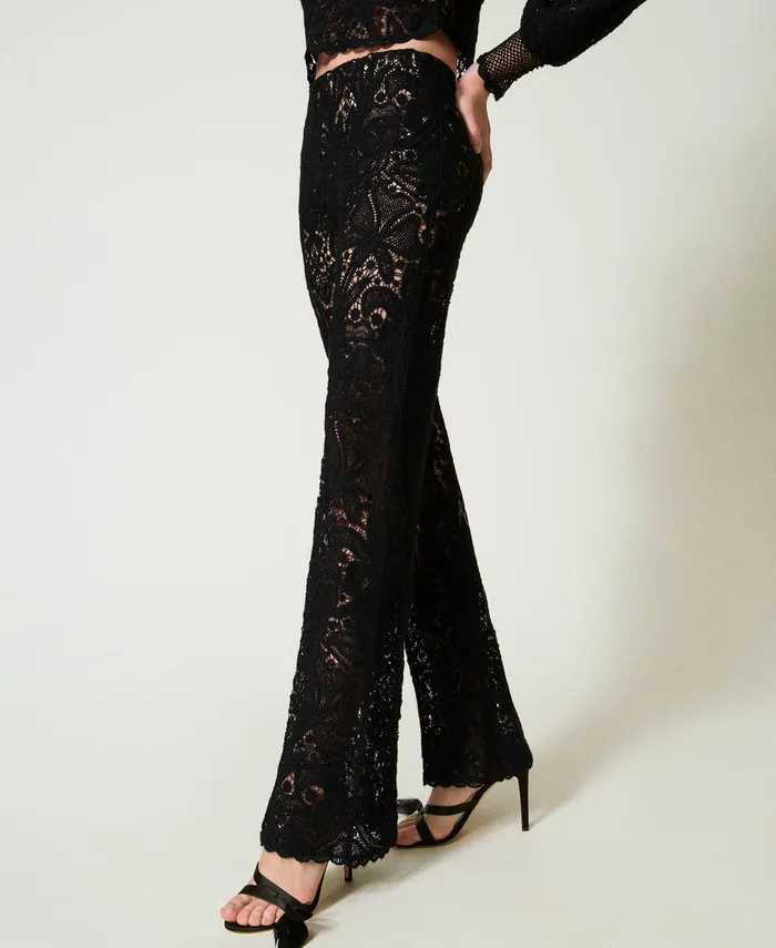 Twinset Floral Crochet Trousers Black Women Trousers Twinset Floral Crochet Trousers Black Women Trousers