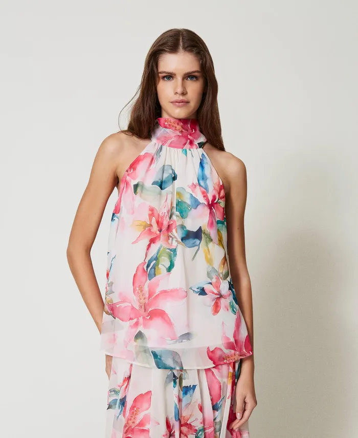 Twinset Georgette Top With Floral Print Mother Of Pearlmulticolour Floral Print Women TShirts And Tops