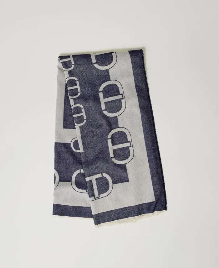 Twinset Jacquard Kefiah With Logo Twotone White Cream Classic Blue Women Scarves