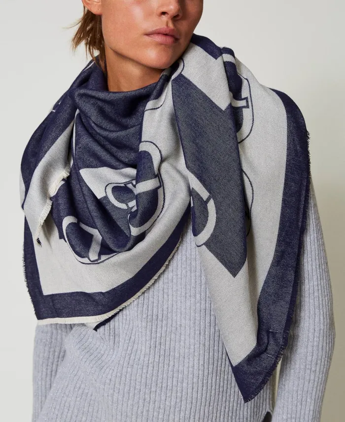 Twinset Jacquard Kefiah With Logo Twotone White Cream Classic Blue Women Scarves Twinset Jacquard Kefiah With Logo Twotone White Cream Classic Blue Women Scarves