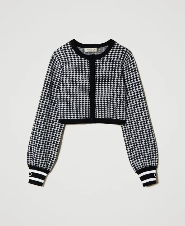 Twinset Jacquard Knit Jacket With Houndstooth Pattern Bicolour Off White Black Girl Jackets And Outerwear Twinset Jacquard Knit Jacket With Houndstooth Pattern Bicolour Off White Black Girl Jackets And Outerwear