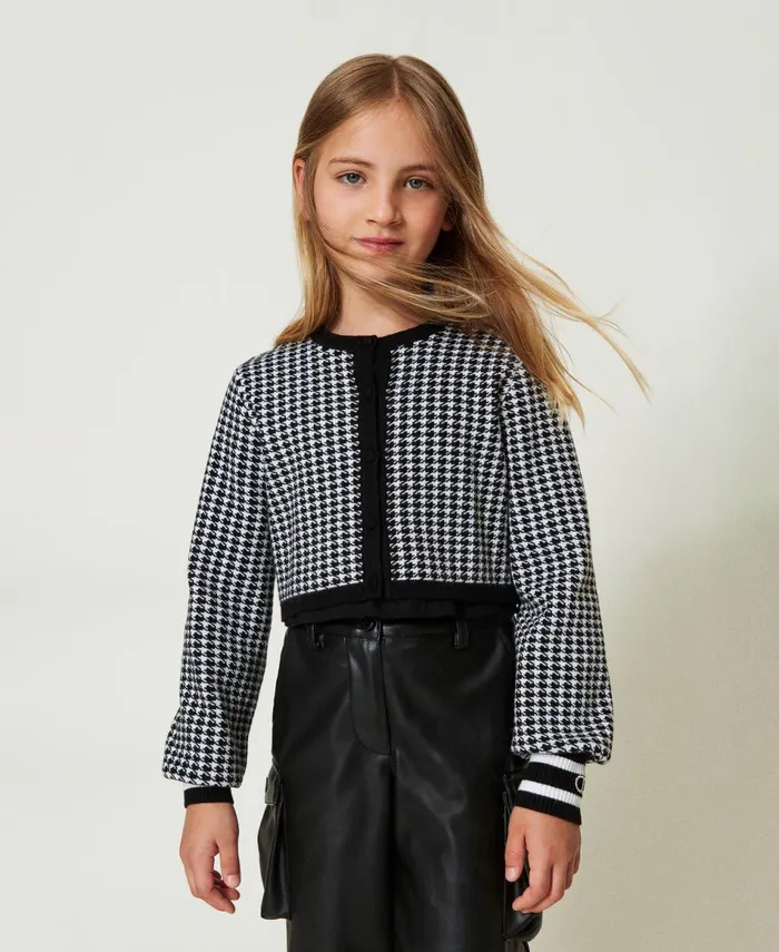 Twinset Jacquard Knit Jacket With Houndstooth Pattern Bicolour Off White Black Girl Jackets And Outerwear Twinset Jacquard Knit Jacket With Houndstooth Pattern Bicolour Off White Black Girl Jackets And Outerwear