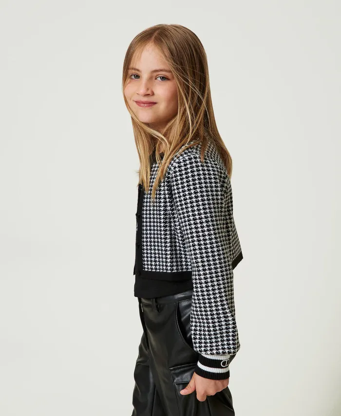 Twinset Jacquard Knit Jacket With Houndstooth Pattern Bicolour Off White Black Girl Jackets And Outerwear Twinset Jacquard Knit Jacket With Houndstooth Pattern Bicolour Off White Black Girl Jackets And Outerwear