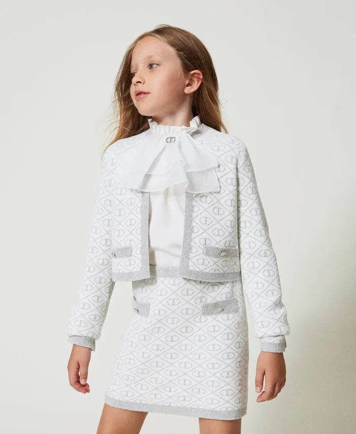 Twinset Jacquard Knit Jacket With Oval T Twotone Off White Metallic Silver Girl Jackets And Outerwear