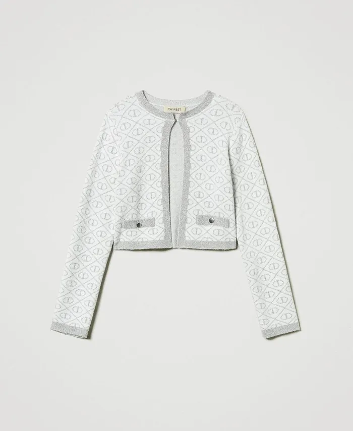 Twinset Jacquard Knit Jacket With Oval T Twotone Off White Metallic Silver Girl Jackets And Outerwear Twinset Jacquard Knit Jacket With Oval T Twotone Off White Metallic Silver Girl Jackets And Outerwear