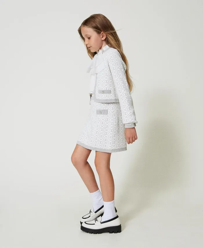 Twinset Jacquard Knit Jacket With Oval T Twotone Off White Metallic Silver Girl Jackets And Outerwear Twinset Jacquard Knit Jacket With Oval T Twotone Off White Metallic Silver Girl Jackets And Outerwear