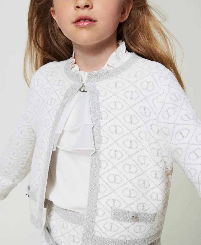 Twinset Jacquard Knit Jacket With Oval T Twotone Off White Metallic Silver Girl Jackets And Outerwear Twinset Jacquard Knit Jacket With Oval T Twotone Off White Metallic Silver Girl Jackets And Outerwear