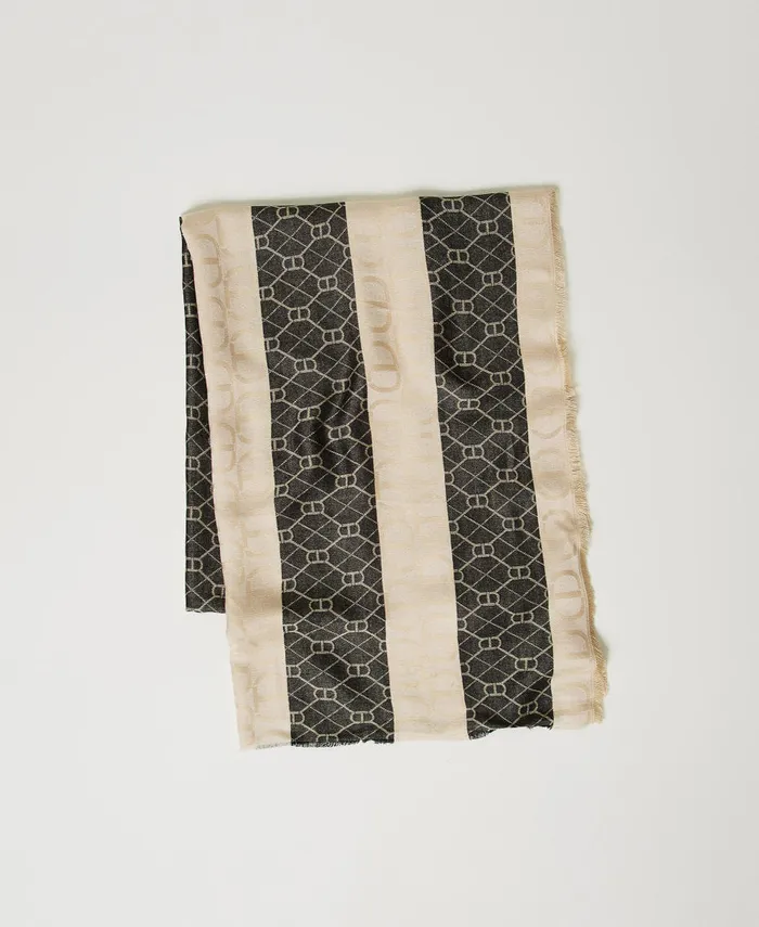 Twinset Jacquard Stole With Oval T All Over Twotone Blackdelicate Beige Women Scarves