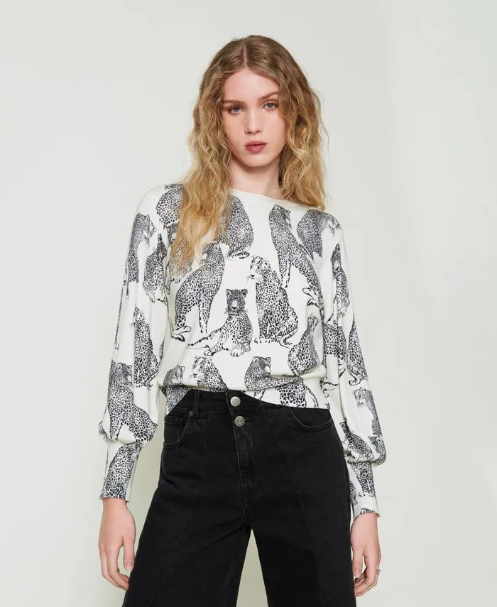 Twinset Jumper With Jaguar Print Black Snow White Jaguar Print Women Jumpers And Cardigans Twinset Jumper With Jaguar Print Black Snow White Jaguar Print Women Jumpers And Cardigans