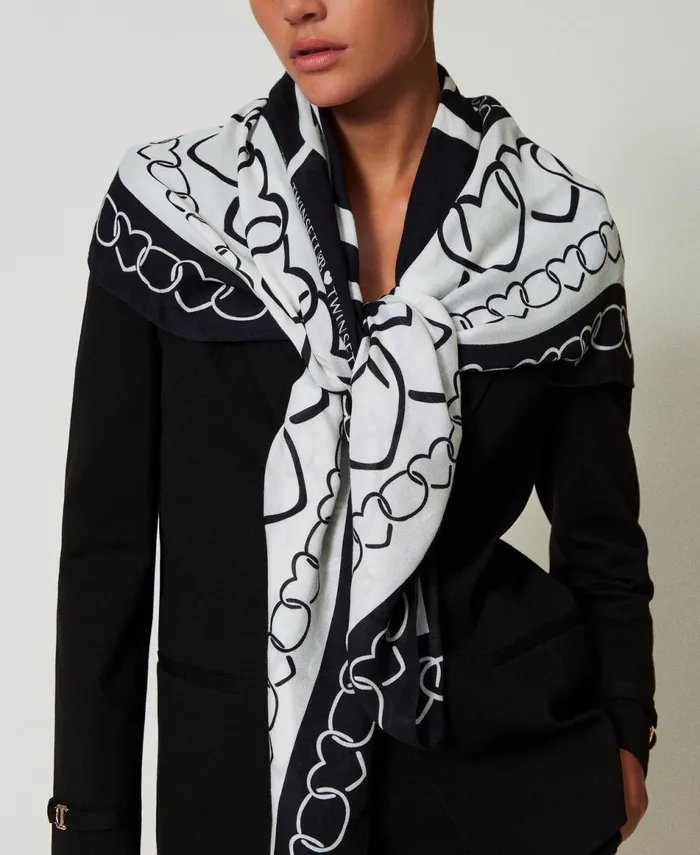 Twinset Kefiah With Heart Pattern Print Twotone Motherofpearl Black Women Scarves Twinset Kefiah With Heart Pattern Print Twotone Motherofpearl Black Women Scarves