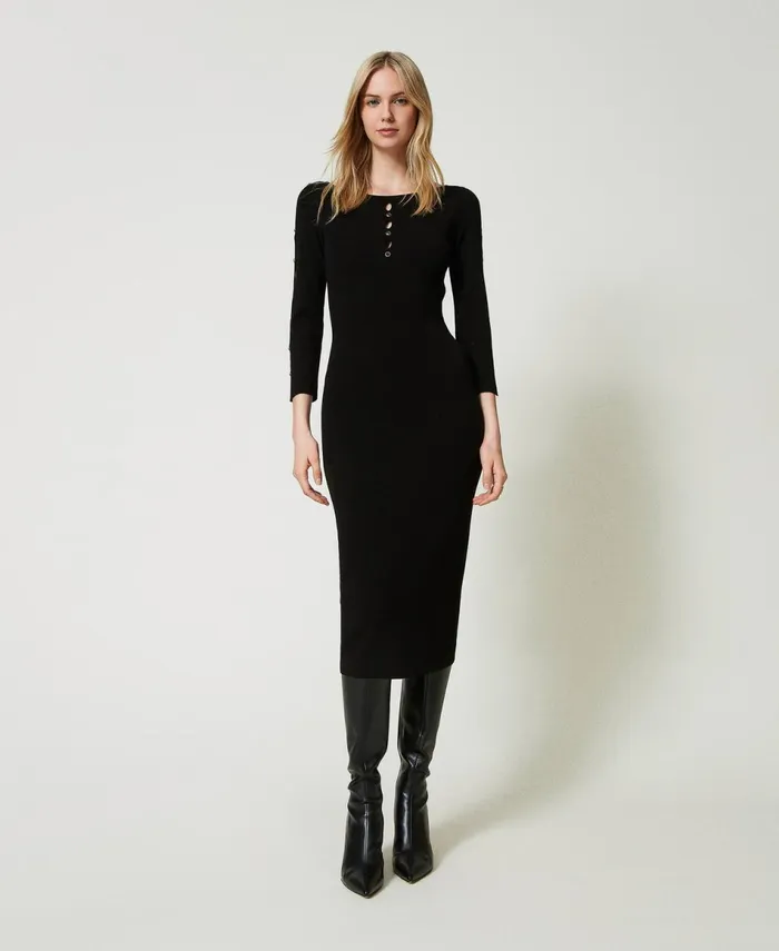 Twinset Knit Midi Dress With CutOuts And Studs Black Women Dresses Twinset Knit Midi Dress With CutOuts And Studs Black Women Dresses
