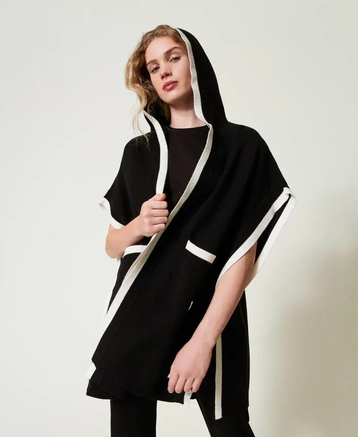 Twinset Knit Poncho With Pockets Black Women Jackets And Outerwear Twinset Knit Poncho With Pockets Black Women Jackets And Outerwear